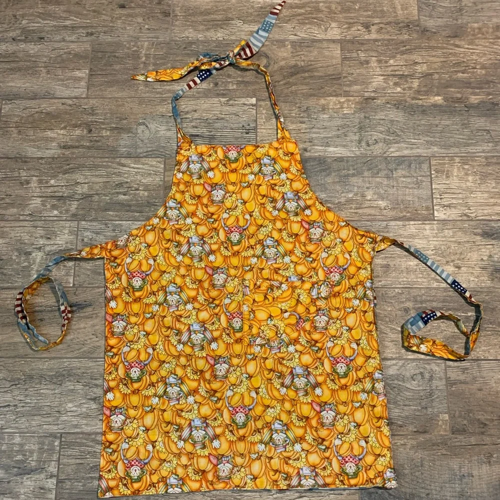 Adult homemade double sided apron with American flag print and scarecrow print